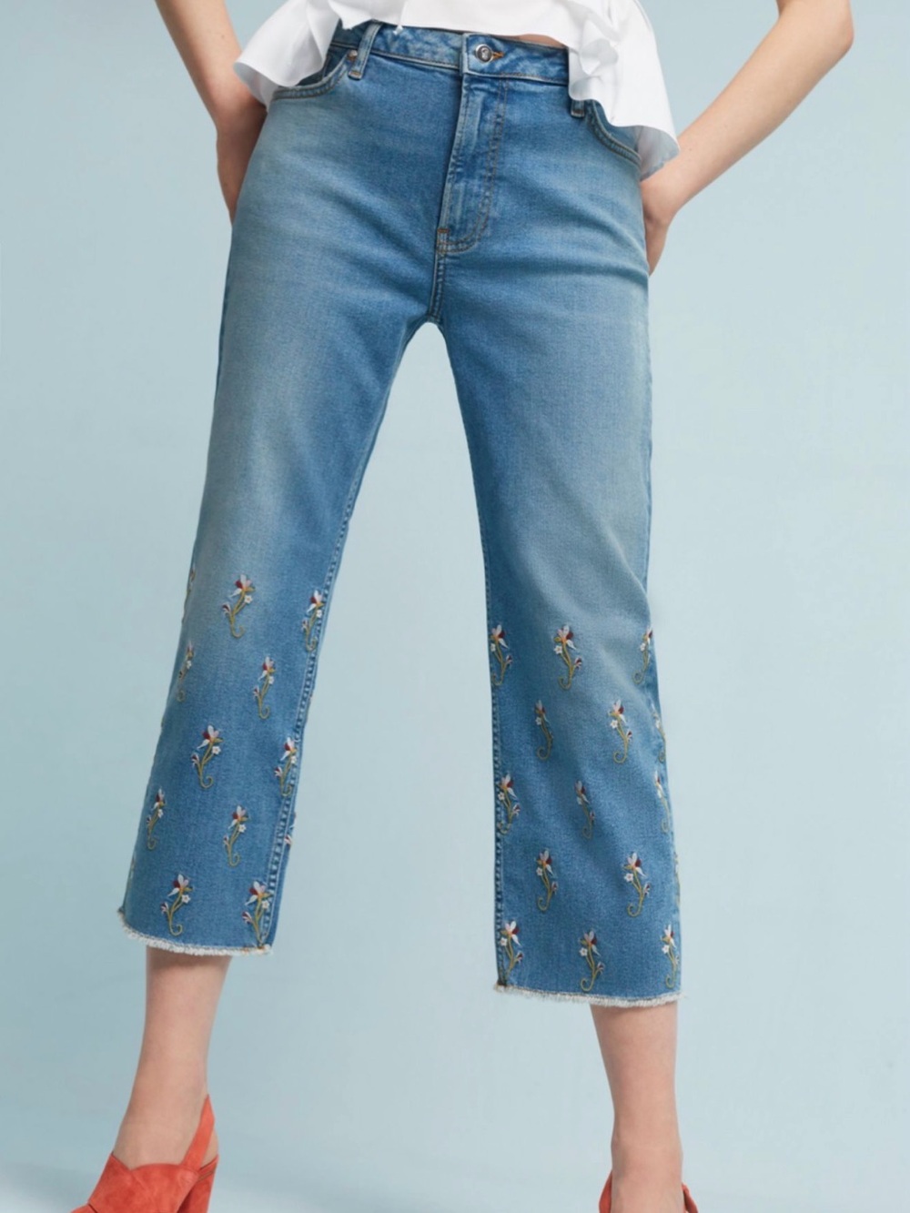 Pilcro & the Letterpress Anthropologie Embroidered Floral Jeans Hi Rise Raw Hem